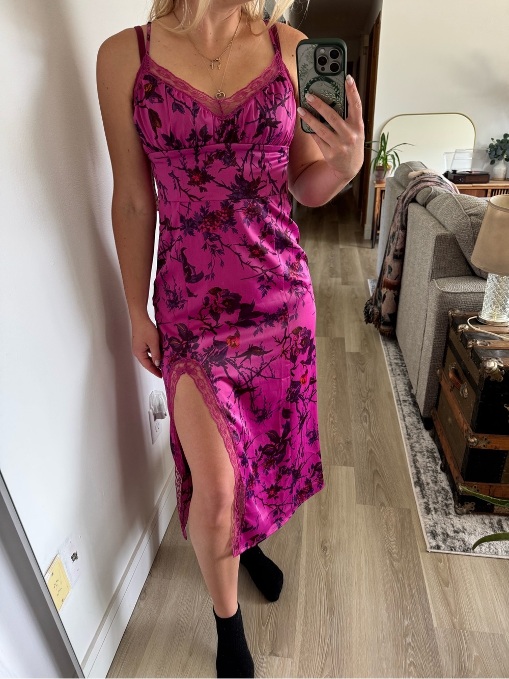 Urban Outfitters Fuchsia Floral Lace-Trim Midi Slip Dress